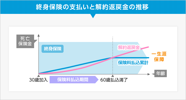 終身保険の支払いと解約返戻金の推移