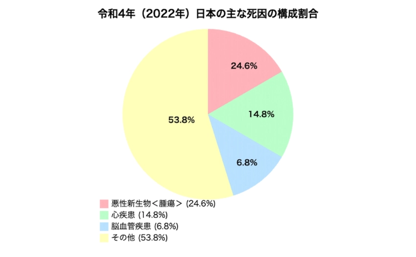令和4年（2022年）日本の主な死因の構成割合を示す円グラフ。悪性新生物（腫瘍）が24.6%、心疾患が14.8%、脳血管疾患が6.8%、その他が53.8%を占めている。