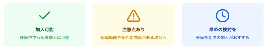 妊娠中の保険加入に関するまとめを示すインフォグラフィック
