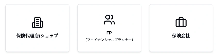 どこがいい？保険の見直し相談ができる3つの窓口（保険代理店/ショップ、FP（ファイナンシャルプランナー）、保険会社）をアイコンと名称で均等に並べた図