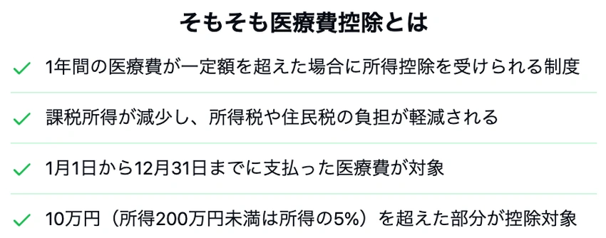 医療費控除の基本情報 - 4つのチェックマーク付きの重要ポイント一覧