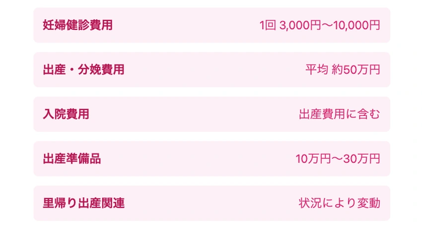 妊娠中・出産時にかかる費用の一覧を示すインフォグラフィック