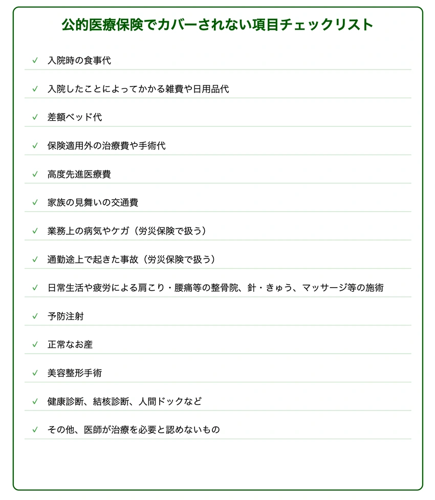 公的医療保険の非カバー項目:入院時食事代から美容整形手術まで14項目をチェックマーク付きで一覧表示したチェックリスト
