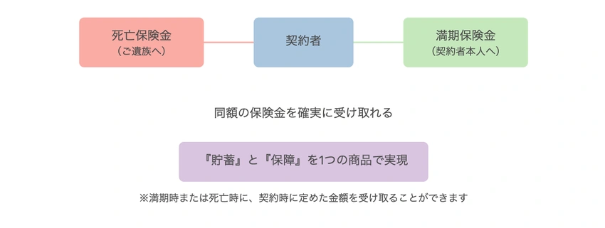 保険商品の基本構造:契約者を中心とした死亡保険金と満期保険金の受取関係を示す図
