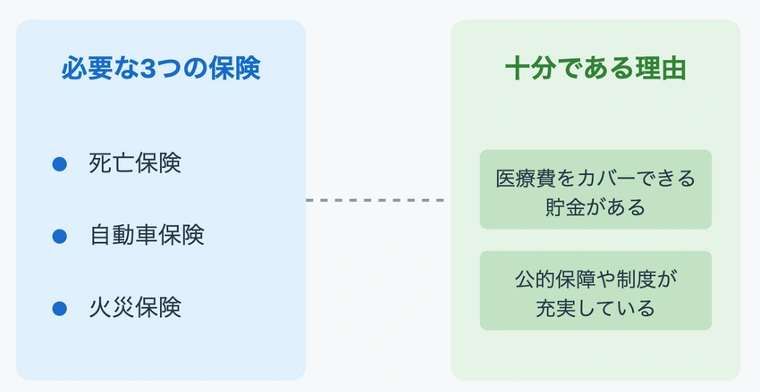 必要な3つの保険（死亡・自動車・火災）と、医療費カバー可能な貯金と充実した公的保障制度により十分である理由を示す2列構成の図表