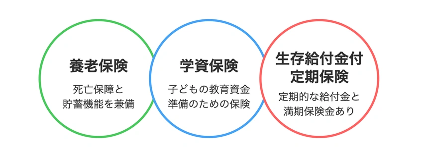 保険タイプの説明図 - 養老保険、学資保険、生存給付金付定期保険の3種類を示す円形図